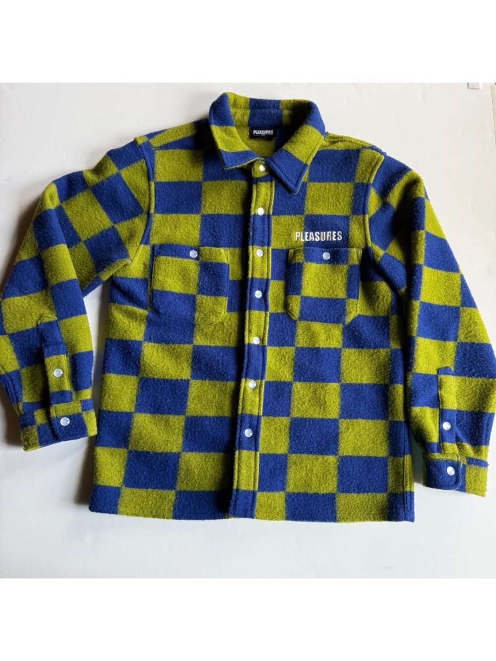 PLEASURES Legume Checkered Long Sleeve Overshirt in Green/Blue - Men's Medium